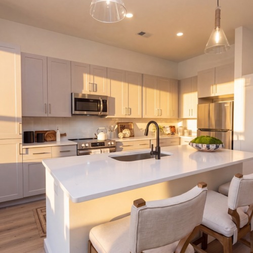 a kitchen with white cabinets