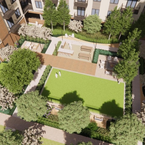 a courtyard between buildings