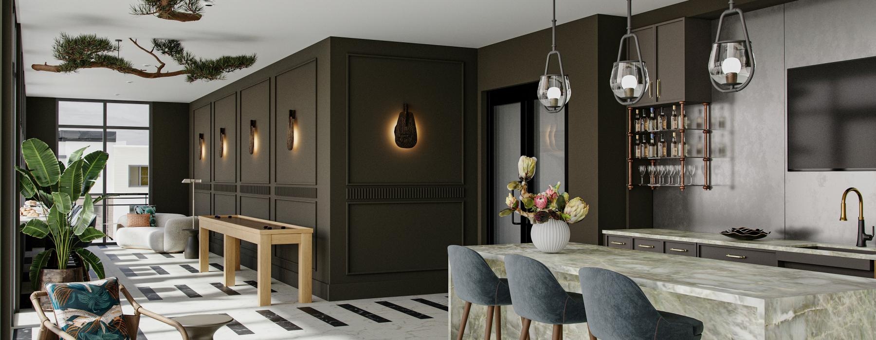 a kitchen with a bar and chairs