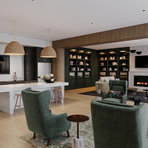 a spacious room with a fireplace