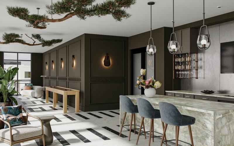a kitchen with a bar and chairs