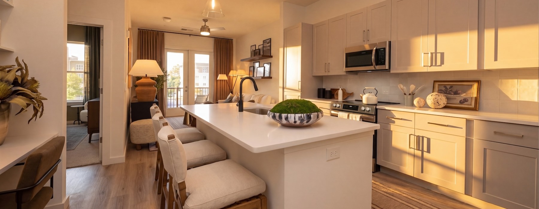 a kitchen with an island and chairs